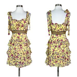 For Love & Lemons | Silk Floral Ruffle Tie Strap Mesh Waist Yellow Summer Dress